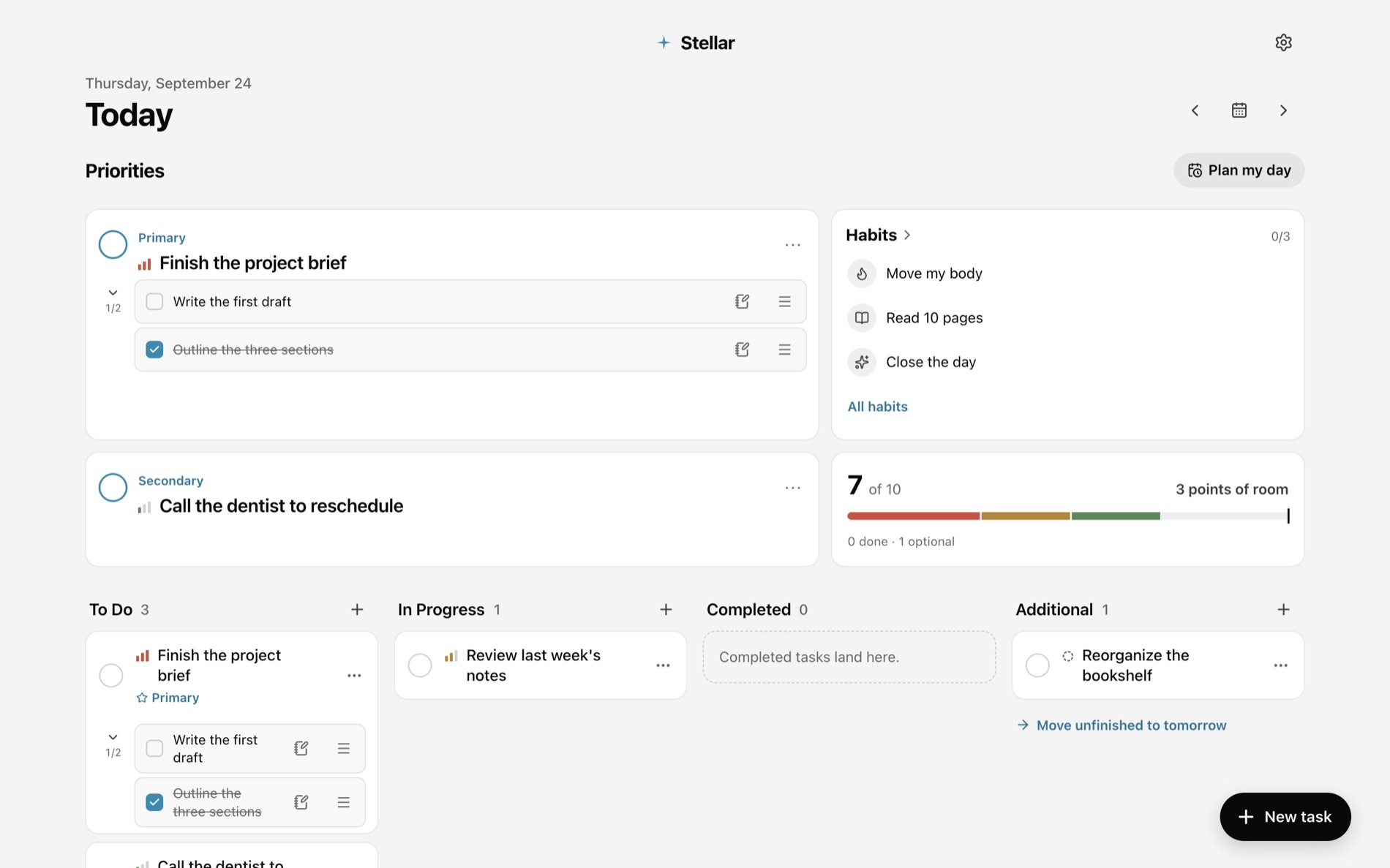 Stellar dashboard with weighted tasks and two priorities